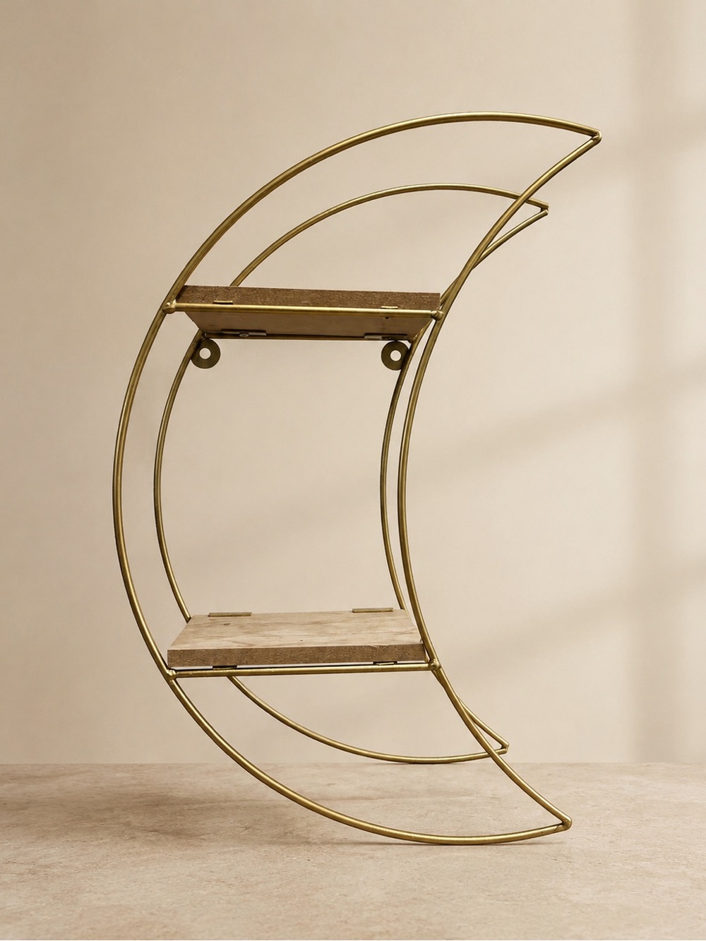 Brass Crescent Wall Shelf with Wood Accents - Gold